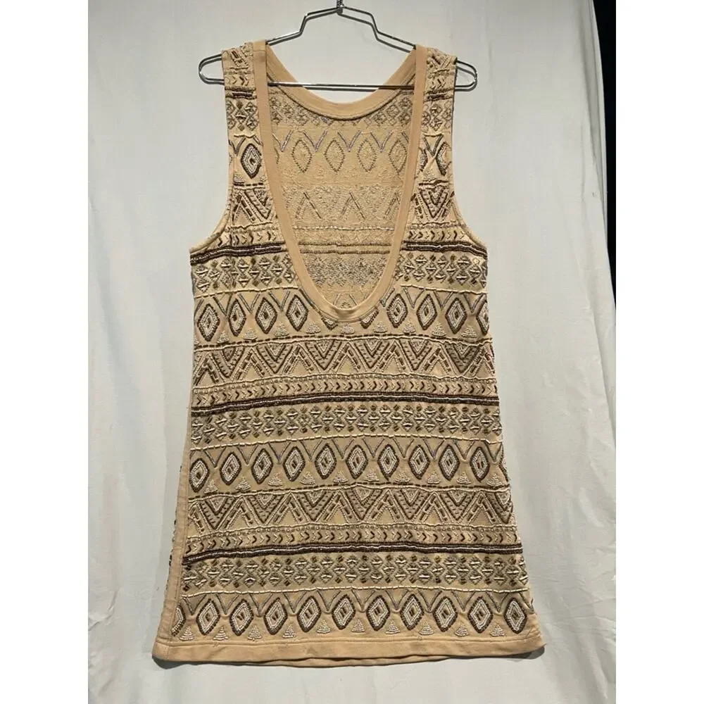 Free People Beaded Tunic Mini Dress Boho Embellished Geometric Tank Neutral